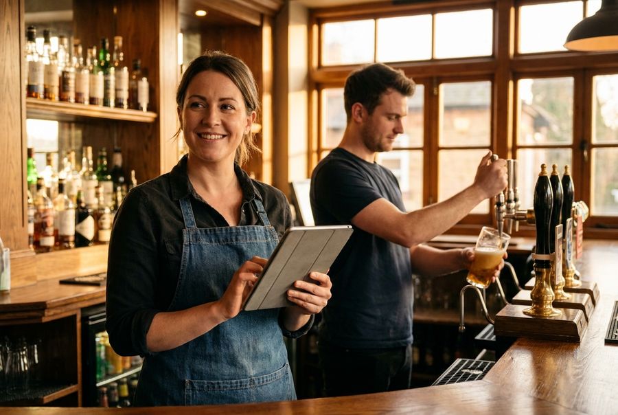 A smiling bar manager checks a tablet behind the bar while a colleague pours a beer