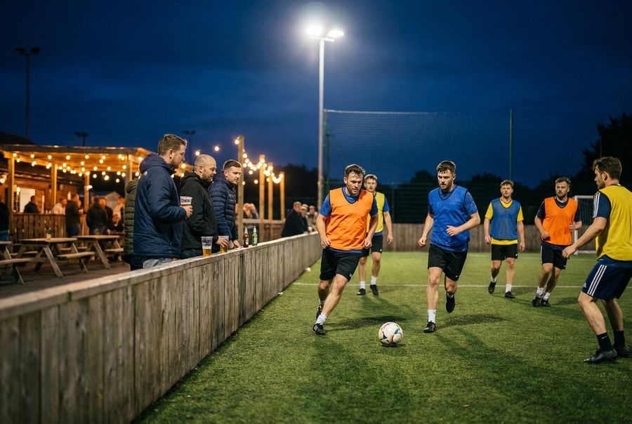 A five-a-side game under floodlights next to a bar patio